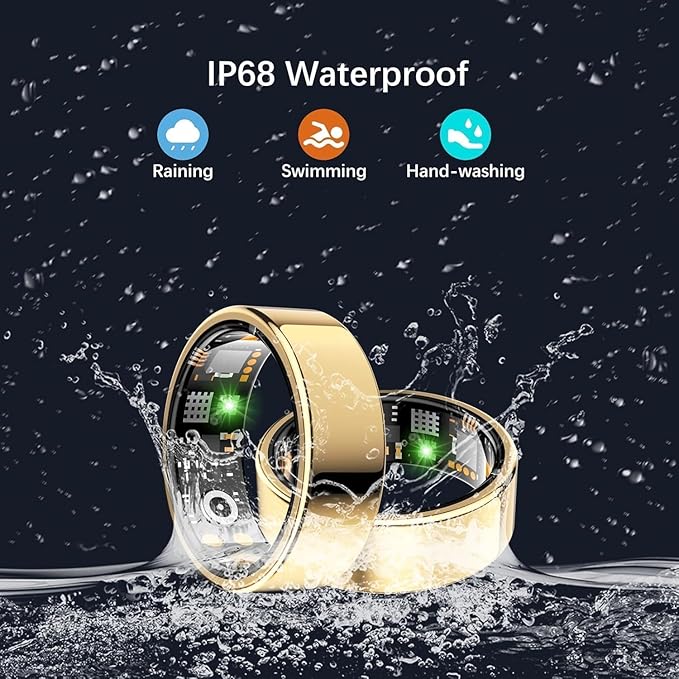 Health Tracker Ring, Smart Health Ring for Women Men with Heart Rate, Blood Oxygen, Sleep Monitor, Steps,Calories, No Subscription Fee, IP68 Waterproof Smart Ring for iphone & Android (Gold, 7#)