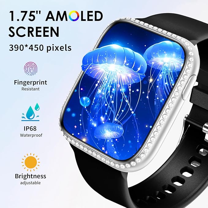 Smart Watch for Women, 1.75" AMOLED Fitness Tracker for Android iOS, Answer/Make Call with Heart Rate Sleep Monitor 130+ Sports Mode, IP68 Waterproof Smartwatch (Black Band with Silver Watch)