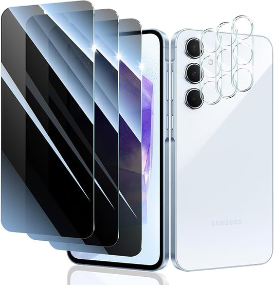 Privacy Screen & Camera Lens Protector for Samsung Galaxy A55, Double Shatterproof Anti-Spy Tempered Glass, Private Black Protection, 9H Hardness Anti-Scratch Case-Friendly, 3 Pack Each