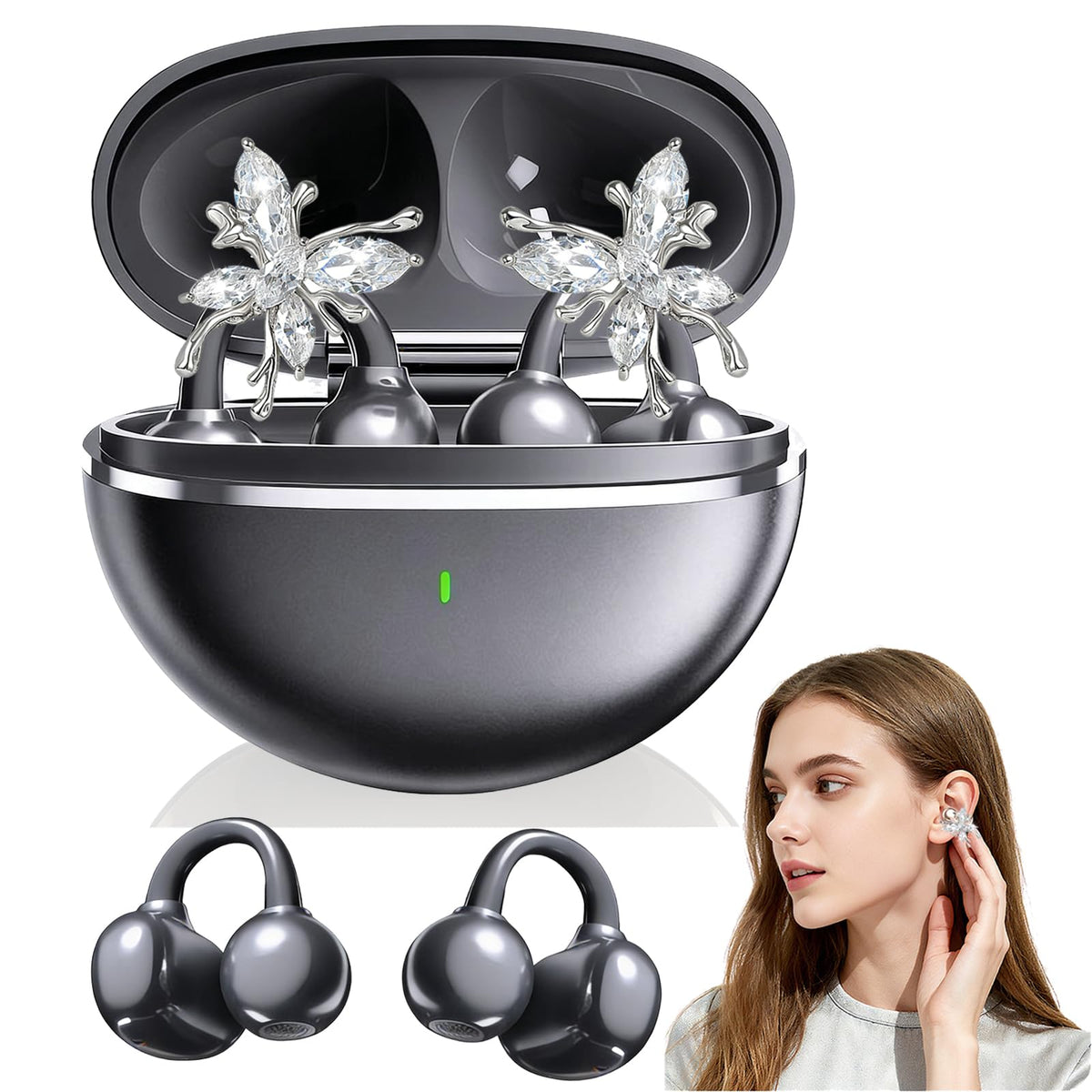 Jewelry-Inspired Clip-On Earbuds with Detachable Sparkle Butterfly Earrings