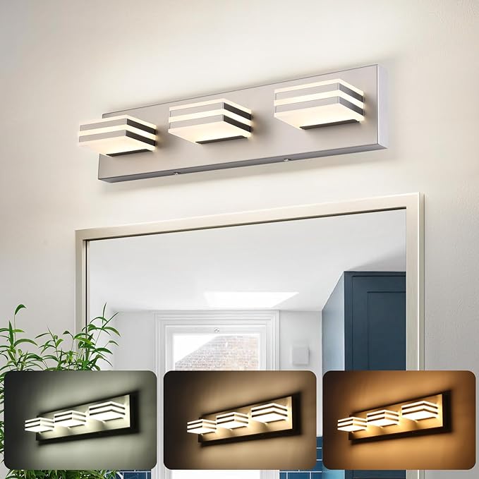 Brushed Nickel Vanity Lights for Bathroom Light Fixtures (3-Light, 20-Inch) Adjust 3 Colors Modern Bath Lighing Fixture Over Mirror LED Vanity Lighting
