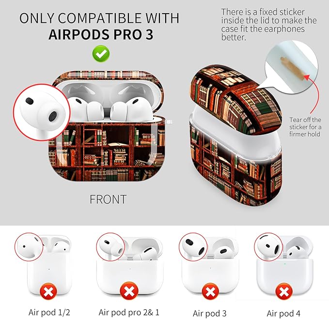Cute Hard Case Compatible with AirPods Pro 3rd Generation Case (2025), Shockproof Protective Cover with Golden Keychain Ring Clip (Bookshelf)
