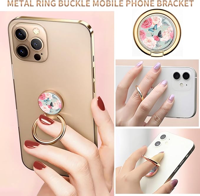 Cell Phone Ring Holder, Cute Metal Phone Grip Stand Finger Ring Kickstand, Flexible 360°Rotation Phone Tablet Case Accessories Compatible with Most Phones Pink Roses Butterfly