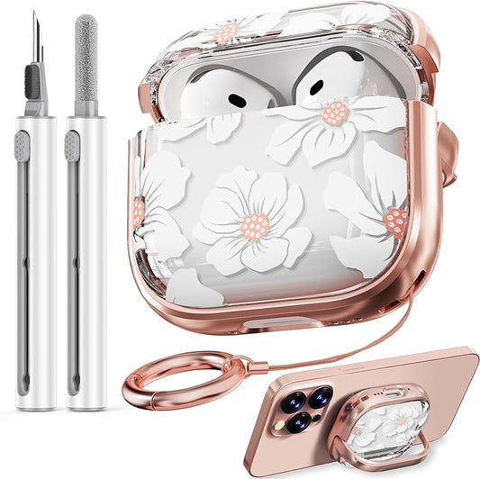 Inesore with Safety Lock for AirPods 4 Case,Clear Floral Cute AirPod 4th Generation Case for Women Girly with Cleaner Kit and Keychain-Black+Gold White Lily