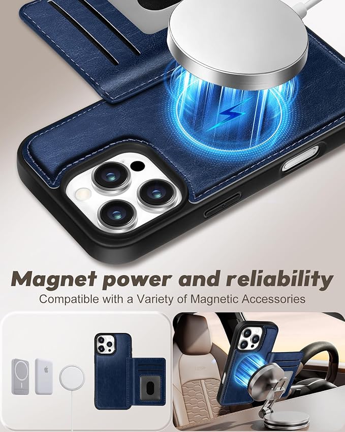 for iPhone 16 Pro Max Case with Wallet - Fits 4 Card Slots, Compatible with MagSafe for Women Men Aesthetic PU Leather Credit Card Holder Kickstand Phone Cover for Apple 16 Promax, Blue