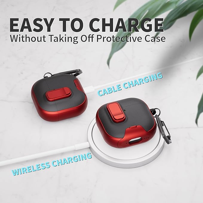 for AirPods 4 Case with Lock,TPU Leather Texture Protective Durability Anti-Lost & Shockproof Protective Cover Accessories with Cleaning Kit in Keychain for Apple AirPods 4 Generation (Red/Black)