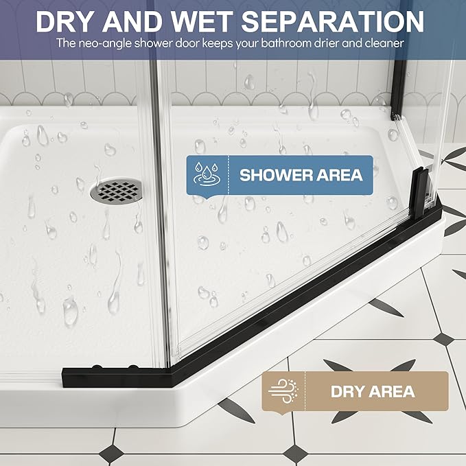 Neo-Angle Frameless Shower Door, 36" D x 36" W x 72" H Corner Shower Enclosure, 1/4" ANSI Tempered Glass with Explosion-Proof Film Nano Coating, Stainless Hardware, Shower Base Not Included