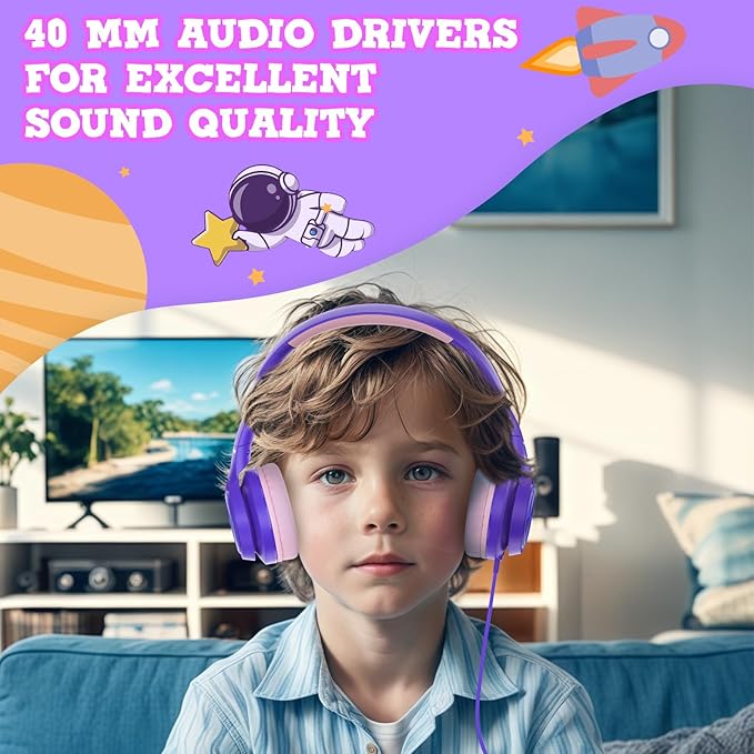 Kids Headphones for School Travel, Upgrade USB Type C Safe Volume 94dB, with Mic HD Stereo Sound Foldable On-Ear Headphones for Boys/Girls/Students/Tablet/Travel Purple
