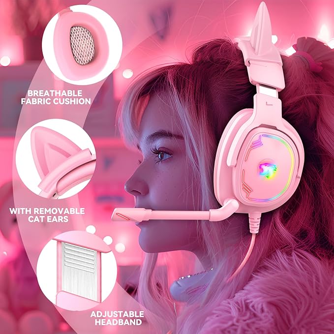 Gaming Headset for PC/PS4/PS5/Xbox One/Switch, Stereo Surround Sound Gaming Headphones with Noise Canceling Flexible Mic, Computer Headset with 3.5mm Jack & RGB Light (PinkCat)