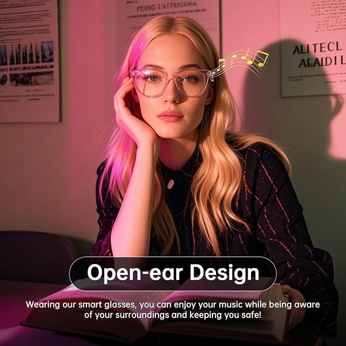 Smart Glasses for Women, Blue Light Filtering Lenses，Bluetooth 5.3, Audio & Mic, Intelligent Touch,Open-Ear Clear Sound, Remote Photography, Ultralight Comfortable Design for Working.
