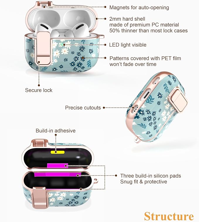 TATOFY for AirPods Pro 2nd Generation Case with Lock Carabiner Cleaner, Slim AirPod Pro 1st & 2nd Hard Case Cover, Compatible with MagSafe (Cyan)