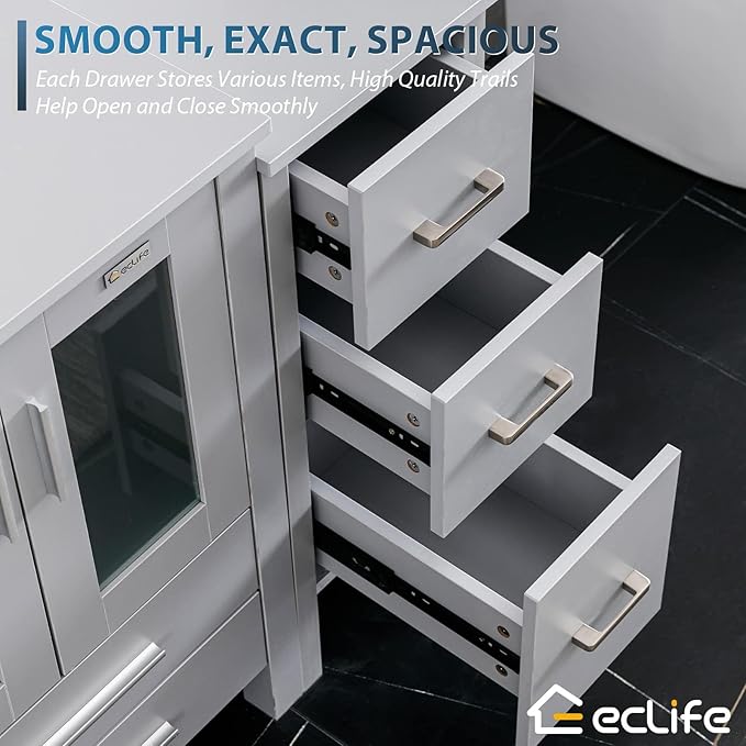eclife 84" Modern Bathroom Vanity Sink Combo Freestanding Cabinet with Small Side Cabinet, Blue Boat Glass Vessel Sink, Water Save Faucet, Drain (Gray+A29BU)