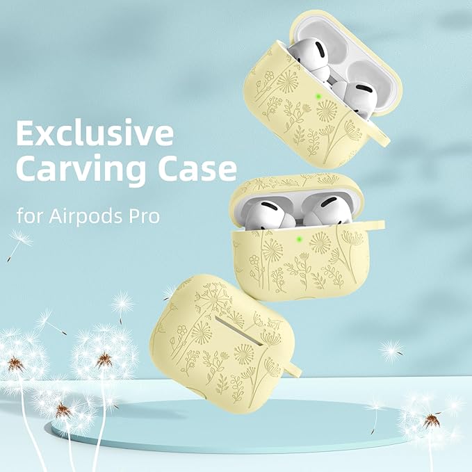 Lerobo for Airpod Pro 2 Case/Airpod Pro Case Cover, Flower Engraved Cute Silicone Skin Full Protective Cover Compatible with Apple Airpods Pro 2nd/1st Generation Case with Keychain, Cream Yellow