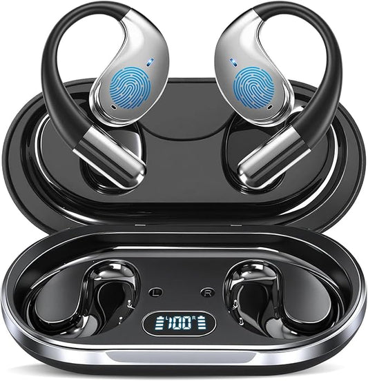 Ultra Ergonomic Open Ear Earbuds, Bone Conduction Over The Bluetooth Headphones Built-in Mic, Waterproof Design, LED Digital Display, Touch Control Operate, Fit Cycling Running Workout Sport, Black