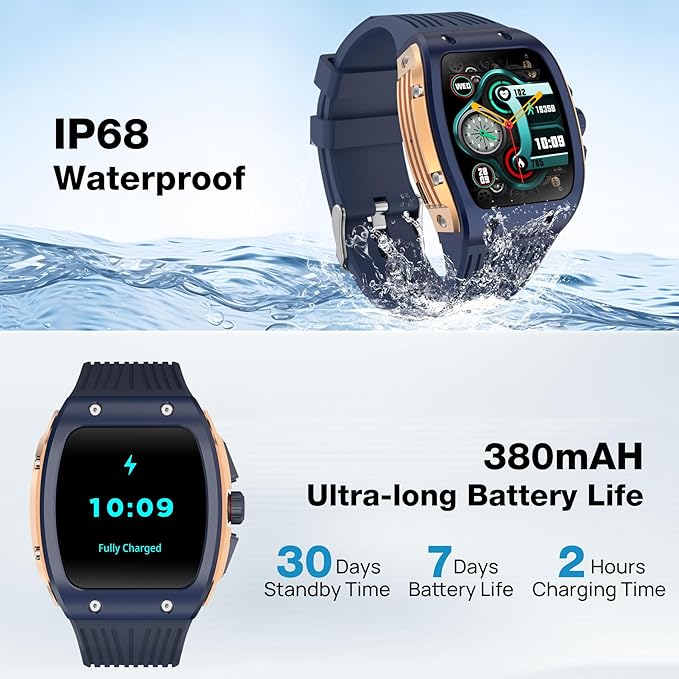BRIBEJAT Smart Watches for Men, 1.76" HD Square Touchscreen with Heart Rate/SpO2/Sleep Monitor, Make/Answer Calls, 123 Sports Modes, IP68 Waterproof Fitness Watch for iPhone Android Compatible (Blue)
