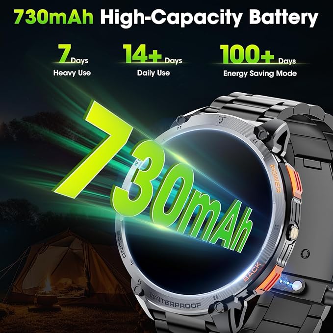 Military Smart Watches for Men, 1.85" HD Large Screen Smart Watch, Flashlight/730mAh/110+ Sports Modes Fitness Tracker Watch, Waterproof Mens Smart Watch for Android Phones iPhone Compatible