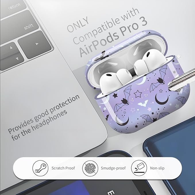 Compatible with AirPods Pro 3 (2025) Case, Airpod Pro 3 Protective Cover with Cute Golden Keychain for Girls & Women (Cute bat)