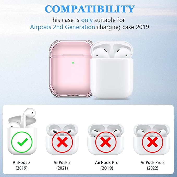 for Airpods 2nd Generation Case Cover, Clear Soft TPU Transparent Four Corner Military Grade Shockproof Protective Case with Cleaning Kit for Airpods 2 Gen Charging case 2019, Clear Pink