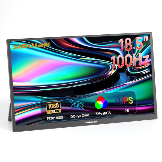 Portable Monitor 18.5inch 1080P FHD 100Hz Refresh Rate Gaming Monitor, 72% sRGB, IPS Panel, Dual USB-C & Mini-HDMI for Laptop, PC, Phone, Built-in Kickstand, Speakers