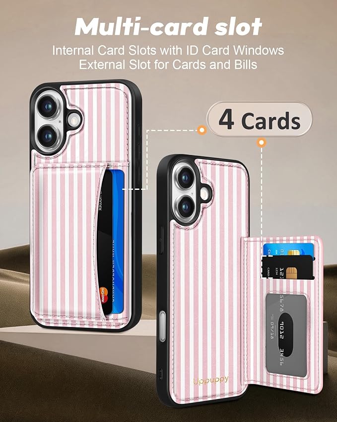 for iPhone 17 Case with Wallet - Fits 4 Card Slots, Compatible with MagSafe for Women Aesthetic Durable PU Leather Credit Card Holder Kickstand Phone Cover for Apple 17, Stripes