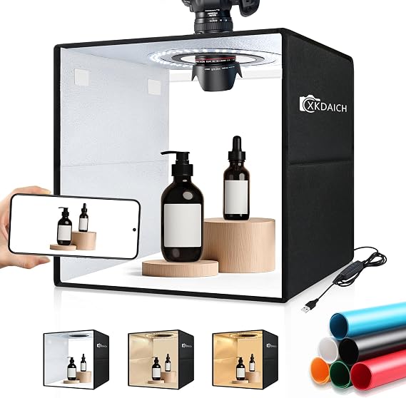 12x12 Inch Portable Folding Photo Studio Box with Dimmable Ring Light, 3 Color Temperatures & 6 Backdrops for Product Photography, YouTube Videos, Smartphone