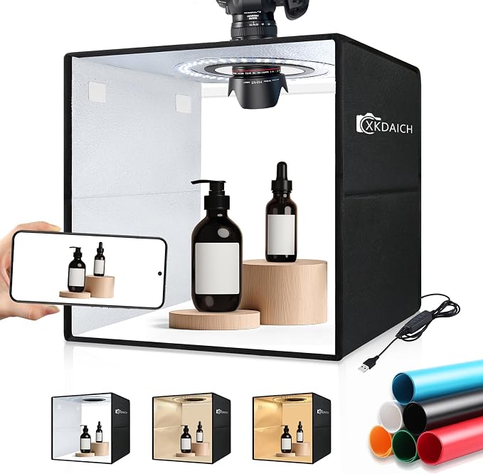 12x12 Inch Portable Folding Photo Studio Box with Dimmable Ring Light, 3 Color Temperatures & 6 Backdrops for Product Photography, YouTube Videos, Smartphone