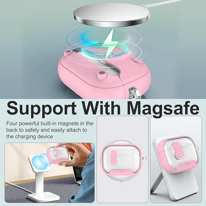 for Airpods Pro 3 Case Clear,Secure Lock for Airpods pro 3rd Generation Case Cover with Phone Stand and Magsafe Function,Auto Pop-up,Hybrid Protection Design with Carabiner&Cleaning Pen-Pink