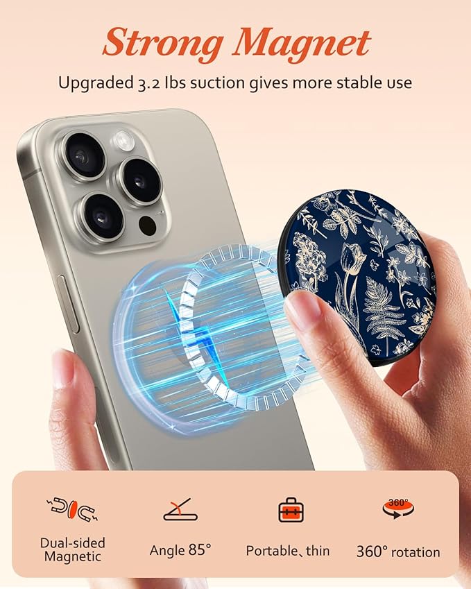 Kidcube Magnetic Phone Grip Compatible with Magsafe - Cell Phone Grip Stand Ring Holder Magnet Kickstand Removable Accessories for iPhone 16 Pro Max/16/15/14/13/12 Series Women Cute Blue Floral
