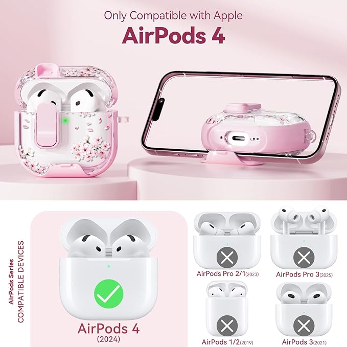 with Safety Lock for Apple AirPods 4 Case,Clear Floral Cute AirPod 4th Generation Case with Phone Stand & Cleaning Kit for Women Girly-Cherry Blossom