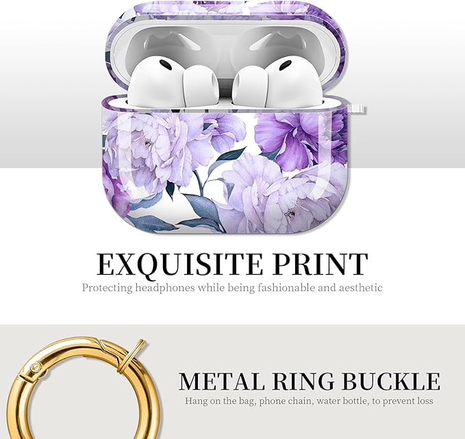 Case for AirPod Pro 3 Shock-Proof Protective Hard Case with Golden Keychain Compatible with Apple Airpods Pro 3rd Generation 2025 (Beautiful Purple Flower)