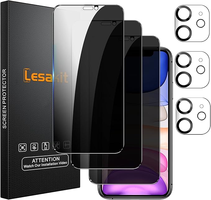 3+3 Pack Privacy Screen Protector for iPhone 11 6.1-Inch with 3 Pack Camera Lens Protector, Anti Spy Tempered Glass Film 9H Hardness Bubble Free Case Friendly