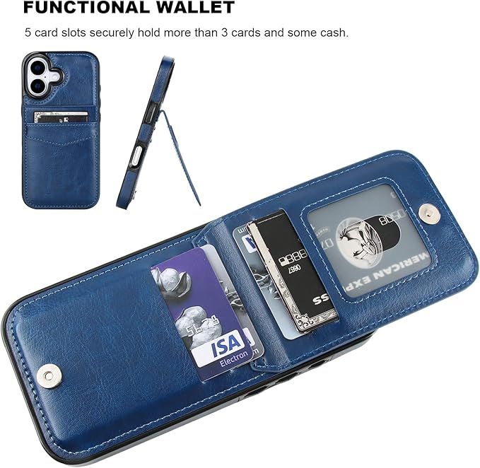 KIHUWEY Compatible with iPhone 17 Case Wallet with Credit Card Holder, Flip Premium Leather Magnetic Clasp Kickstand Heavy Duty Protective Cover for iPhone 17 6.3 Inch (Blue)