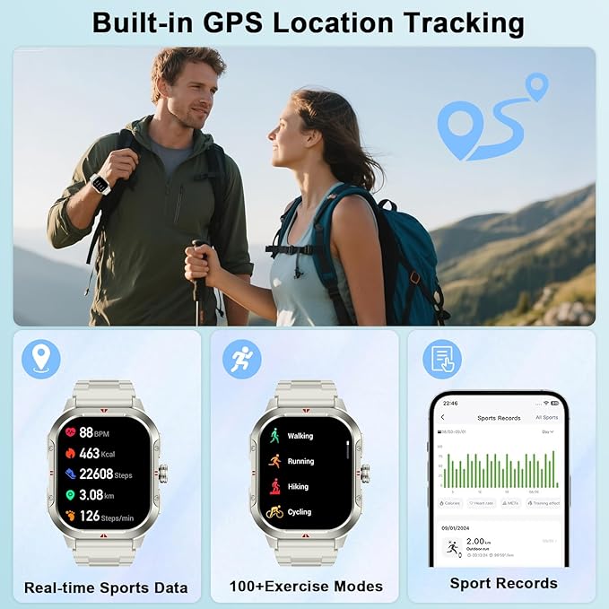 Smart Watch for Men Android/iPhone, 2.06" HD Anti-impact Touchscreen GPS Smartwatch with Heart Rate/SpO2/Sleep/Monitor, Answer/Make Call/Notifications, Fitness Watch IP68 Waterproof, 100+ Sport Mode