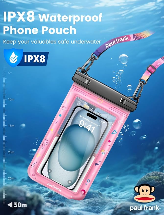 Paul Frank Waterproof Phone Pouch Floating, 2 Pack IPX8 Waterproof Phone Case with Lanyard for iPhone 17 16 15 14 Pro Max Galaxy S25 S24, Cellphone Dry Bag Beach Cruise Ship Essentials(up to 8.5")