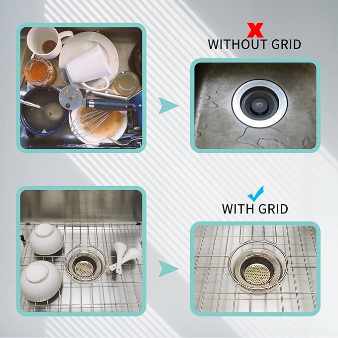 Kitchen Sink Grid 26-1/8"x14-1/4 - Heavy Duty Kitchen Sink Protector with Built-in Strainer & Center Drain, Non-Slip Rubber Feet & Scratch Resistant Bottom Guard