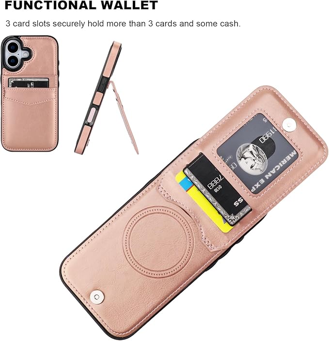 KIHUWEY for iPhone 17 Case Wallet Compatible with MagSafe Wireless Charging, Credit Card Holder, RFID Flip Leather Magnetic Clasp Kickstand Heavy Duty Protective Cover 6.3 Inch (Rose Gold)