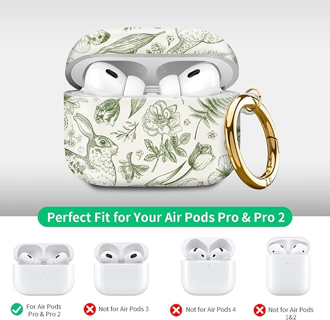 Compatible with Airpod pro 2nd/1st Generation Case Cover with Gold Round Keychain Cute Pattern Hard & Anti Slip Cover for Men Women & Girls（Rabbit Butterfly）