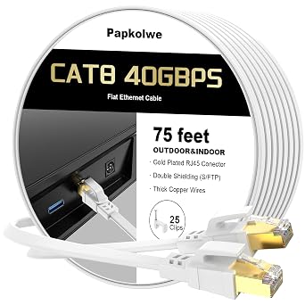 Cat 8 Ethernet Cable 75 ft, Shielded RJ45 Flat Network LAN Cable