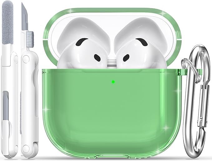 RFUNGUANGO AirPods 4 Case Clear, Soft TPU Transparent with Cleaning Kit & Keychain, Compatible with Magsafe, Compatible Apple AirPods 4 (2025) Generation Protective Case, Green