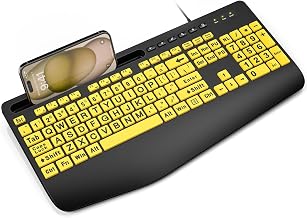SABLUTE Large Print Keyboard Wired Computer Keyboards with Wrist Rest, Phone Holder, Big Letters Easy to Read Compatible Windows, Desktop, Laptop, Yellow - Image 1