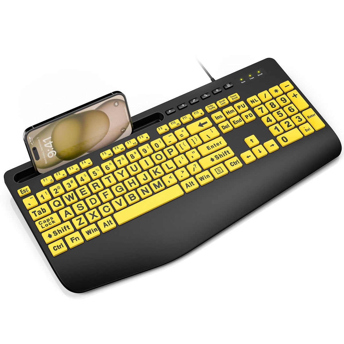 SABLUTE Large Print Keyboard Wired Computer Keyboards with Wrist Rest, Phone Holder, Big Letters Easy to Read Compatible Windows, Desktop, Laptop, Yellow