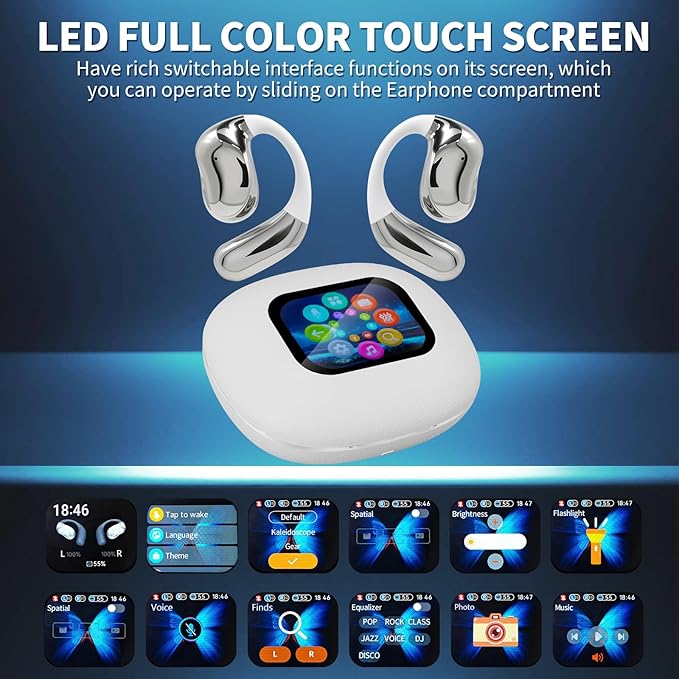 Open Ear Earphones with Touchscreen, Bone Conduction Wireless Earbuds Bluetooth 5.4, 68H Playtime with Charging Case, Over Headphones with Silicone Ear Hooks, for Outdoors Fitness Sport (White)