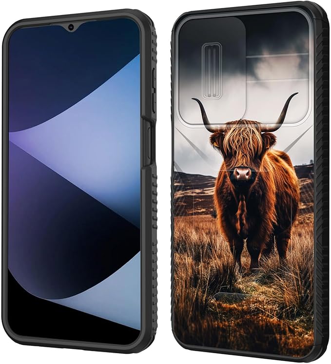 for Galaxy A17 5G Case Built in Slide Camera Lens Cover,Heavy Duty Shockproof Protection Dual Layer Case for Samsung Galaxy A17 5G 6.7" 2025,Brown Highland Cow