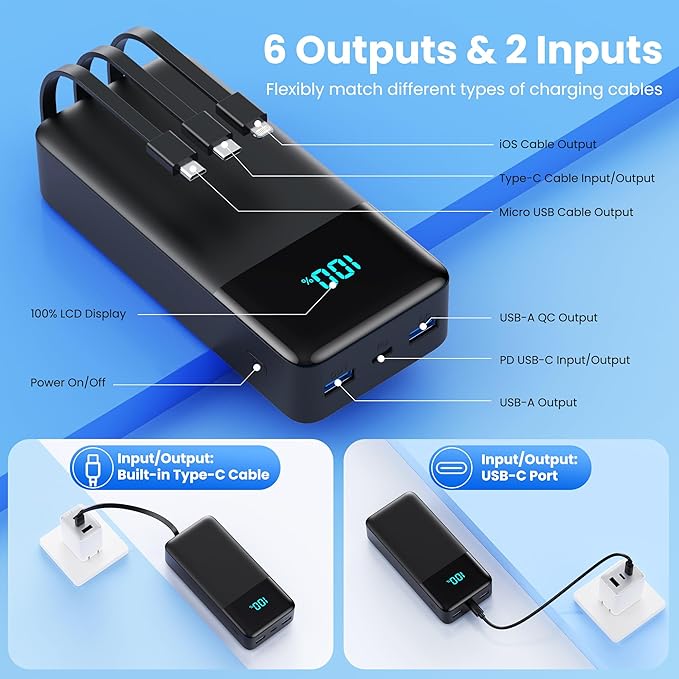 Portable Charger 50800mAh Power Bank with 3 Built-in Cable,25W PD USB C Power Bank Fast Phone Charging,QC4.0 Travel Outdoor Essential Portable Phone Battery Pack for iPhone 17/16/15/14,Galaxy Android