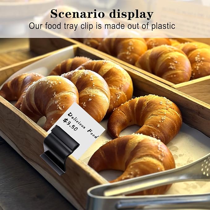 100 Pcs Black Sign Clip Food Tray Label Holder Plastic Buffet Food Label Clip Reusable Price Tag Tray Sign Holder for Bake Sale Gathering Retail Merchandise Display, Card and Bowl Not Included