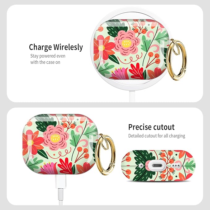 Cute Hard Case Compatible with AirPods Pro 3rd Generation Case (2025), Shockproof Protective Cover with Golden Keychain Ring Clip (Cartoon Flower)