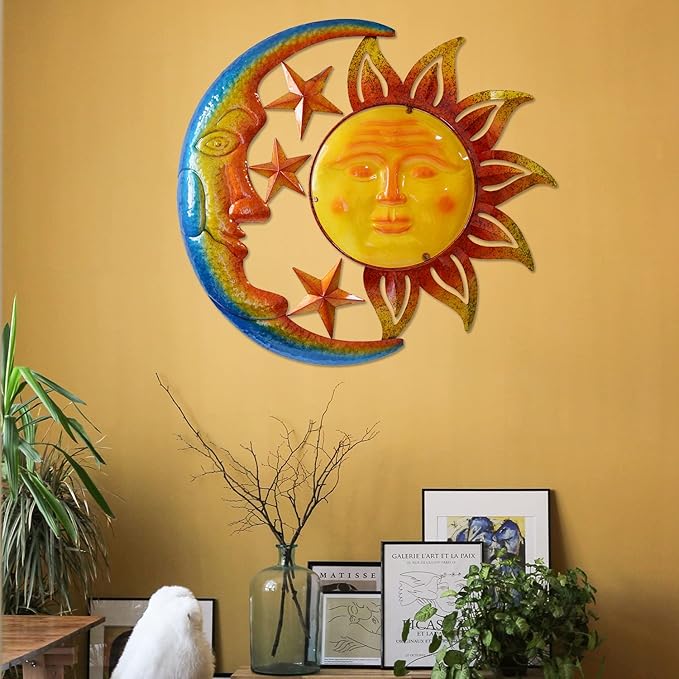 Metal Larger Size 32 Inch Sun Outdoor Wall Art Decor with Moon & Stars,Hanging for Indoor Outdoor Patio Garden Fence Deck Yard Pool Wall Sculpture Decoration for Living Room Bedroom