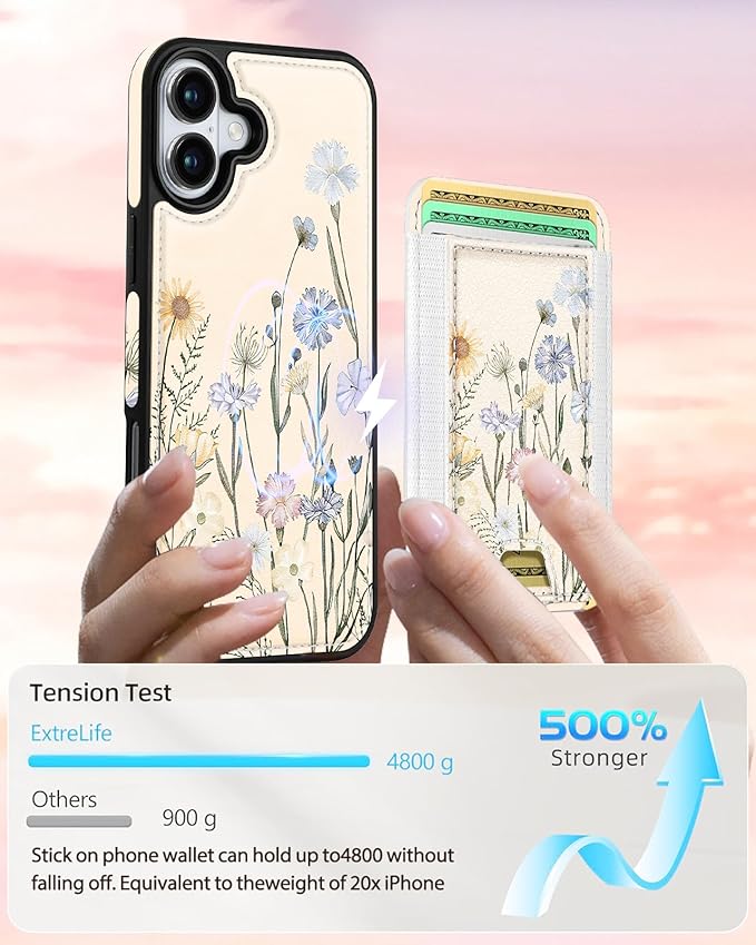 Shorogyt for iPhone 17 Wallet Case - Fits 5 Cards, Compatible with Magsafe Detachable Magnetic Credit Card Holder Leather Cardholder Cute Phone Cover Women Girls for Apple 17, Color Flower