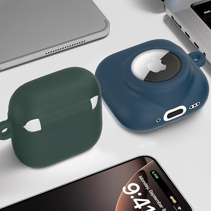 2 in 1 Silicone Case Compatible with AirPod 4 and AirTag 2/1, Shockproof Protective Skin Cover for AirPods 4th Generation with Cleaner Kit & Carabiner (Dark Blue)