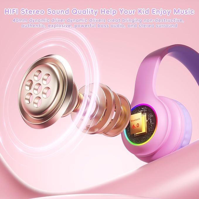 Kids Bluetooth 6.0 Headphones with LED Light, 85Hours Playtimes, Type-C Fast Charging, 85/94dB Volume Limited, Comfort Wireless Headphones with Built-in Mic, Wired & TF Card Mode, Pink